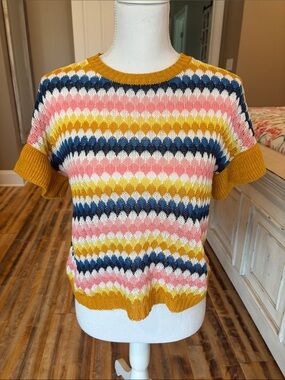 SHEIN Mustard Multicolor Short Sleeve Knit Top size small